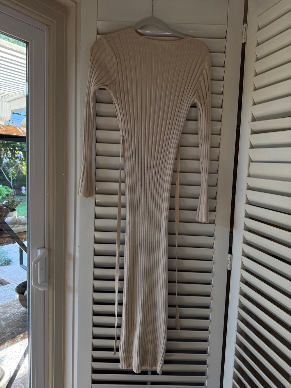 Ribbed Long Sleeve Beige Bodycon Midi Dress